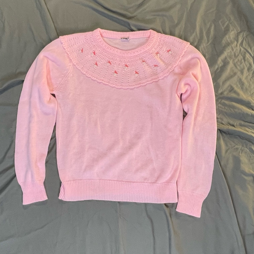 Vintage 80's Fingerhut Pretty Pink Pearl Beaded Fair Isle Knit Sweater Medium